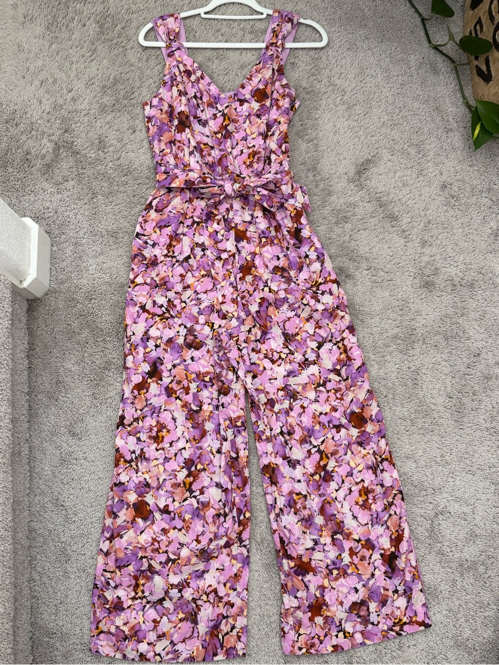 Floral Lavender Wide-Leg Jumpsuit with Tie Waist Linen blend